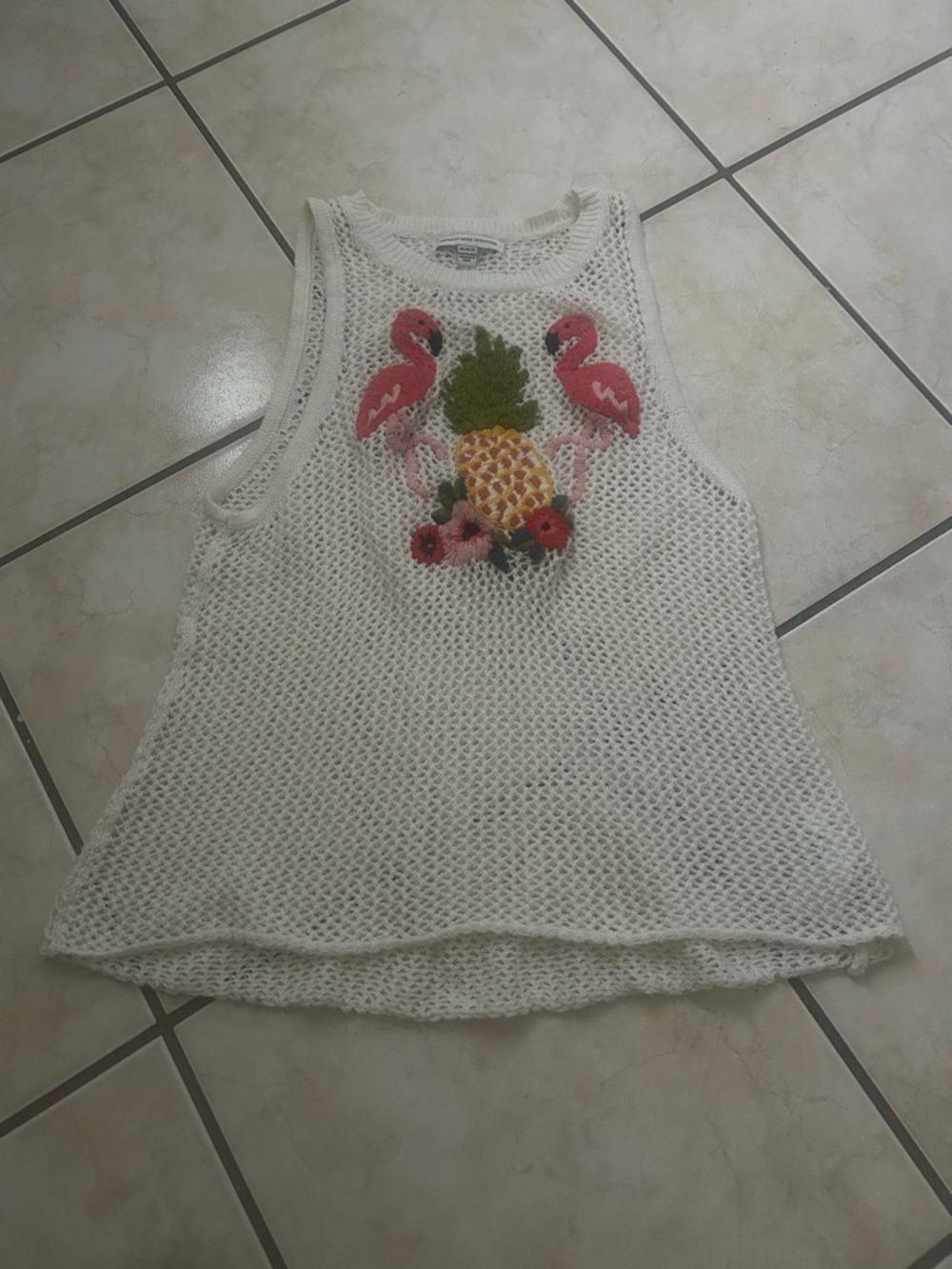 Cream Crochet Tank with Pineapple & Flamingo Appliqué